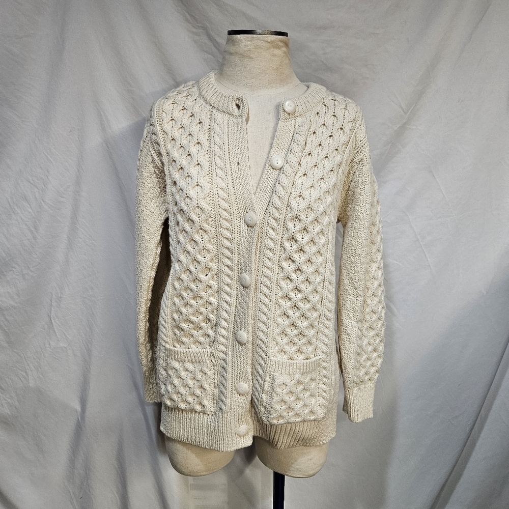 Vintage Aran Crafts Cable Knit Cream Cardigan Ireland Irish Fisherman Sweater  S